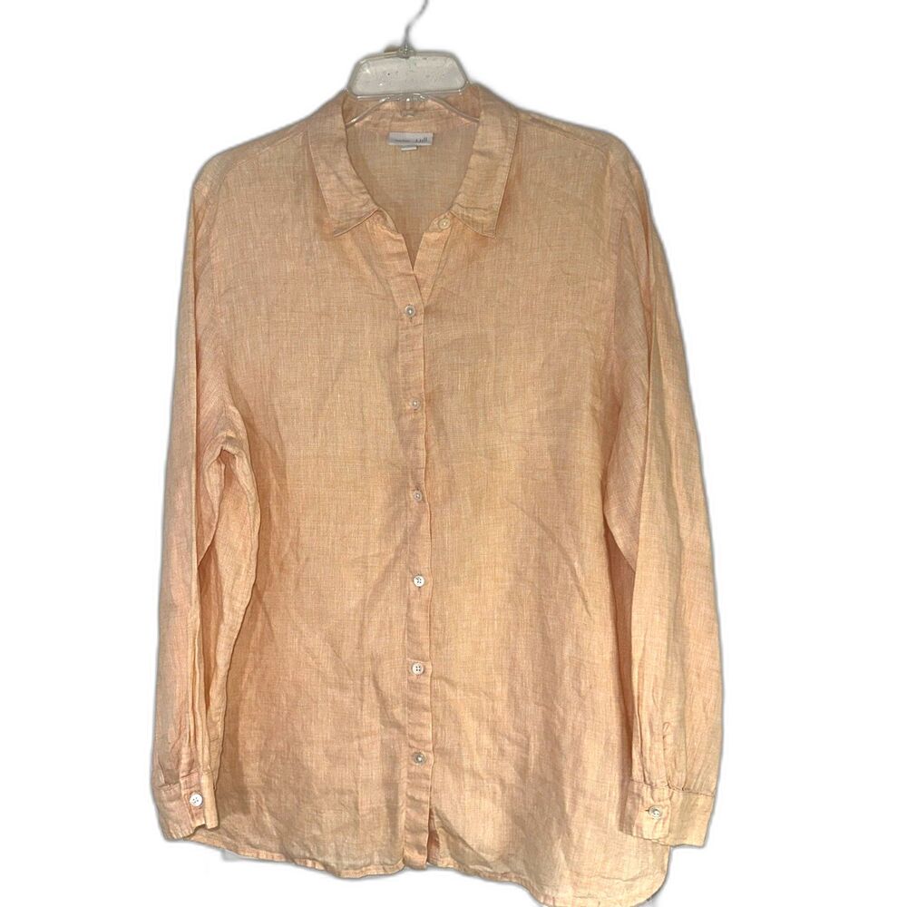 J Jill Love Linen Large Button Front Tunic Top Womens Orange Cream Beachy Resort